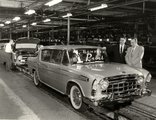 First Rambler Rebel sedan rolls off the assembly line at the Kenosha, Wisconsin factory.jpg